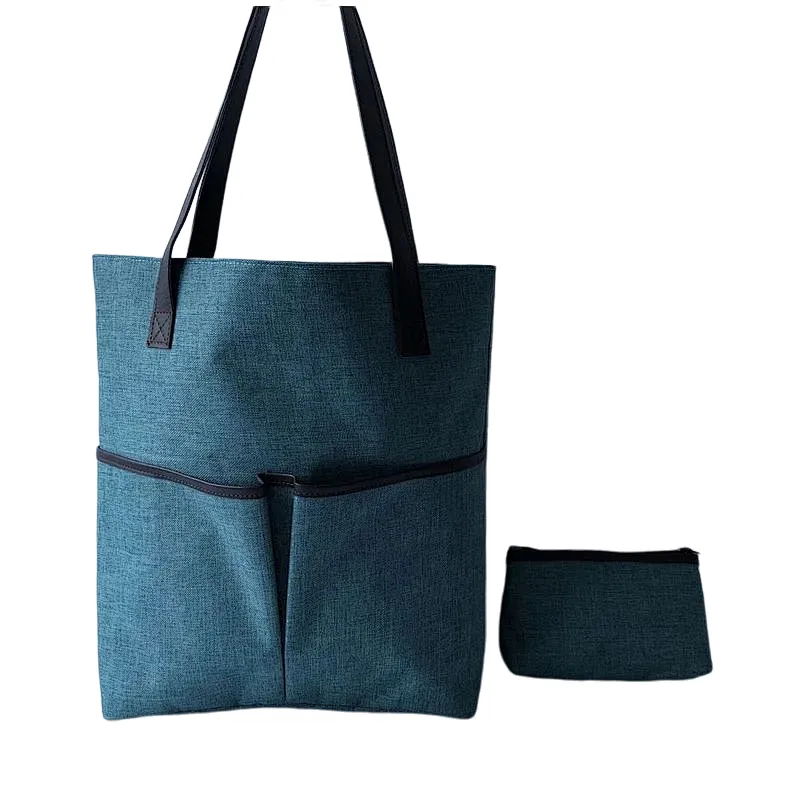 Leather handle Blue polyester waterproof beach bag logo with small zipper pouch for promotion