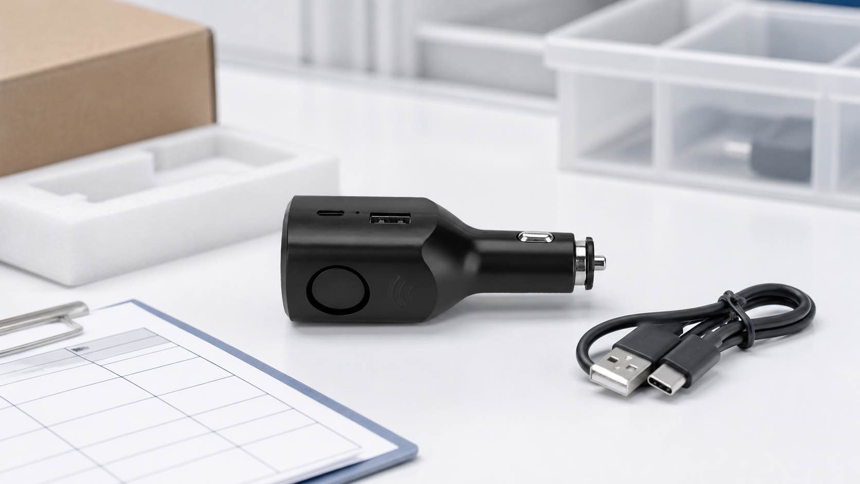 CC001 radar car alarm Type-C and USB ports checked during distributor sample evaluation