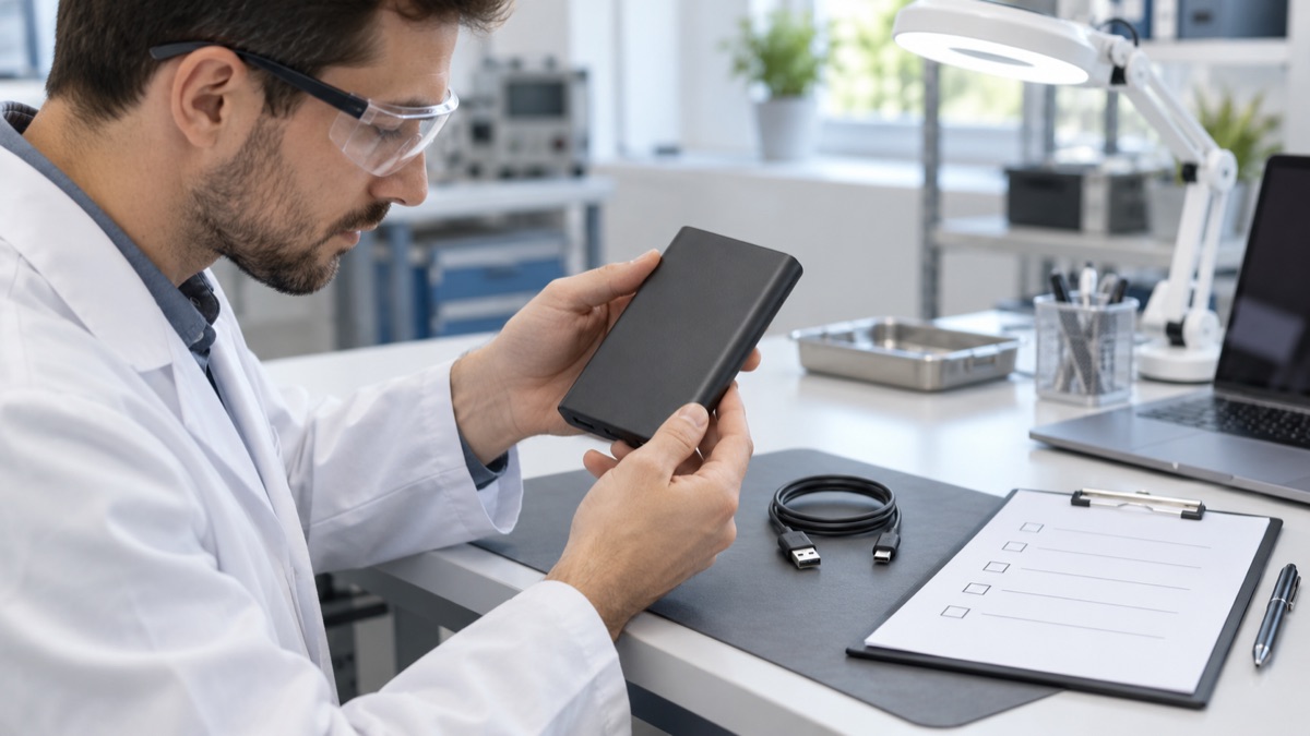 Engineer visually inspecting a compact battery accessory and cable with a blank checklist