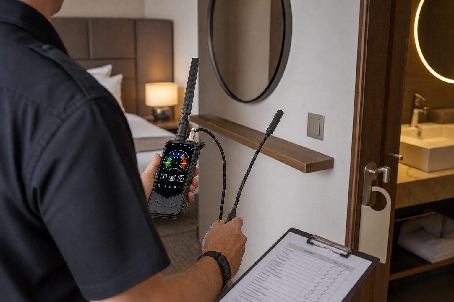 Authorized hotel room privacy inspection with a hidden camera detector