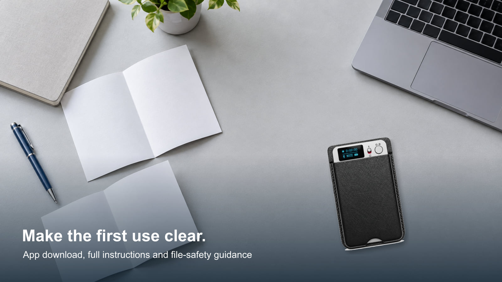 N1 AI Voice Recorder in its protective case beside illustrative instruction leaflets for customer handoff