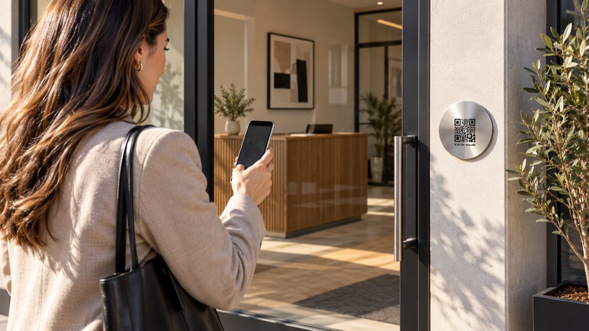 Illustrative FP001-1 office entrance where a visitor scans a QR contact plaque while reception is unattended