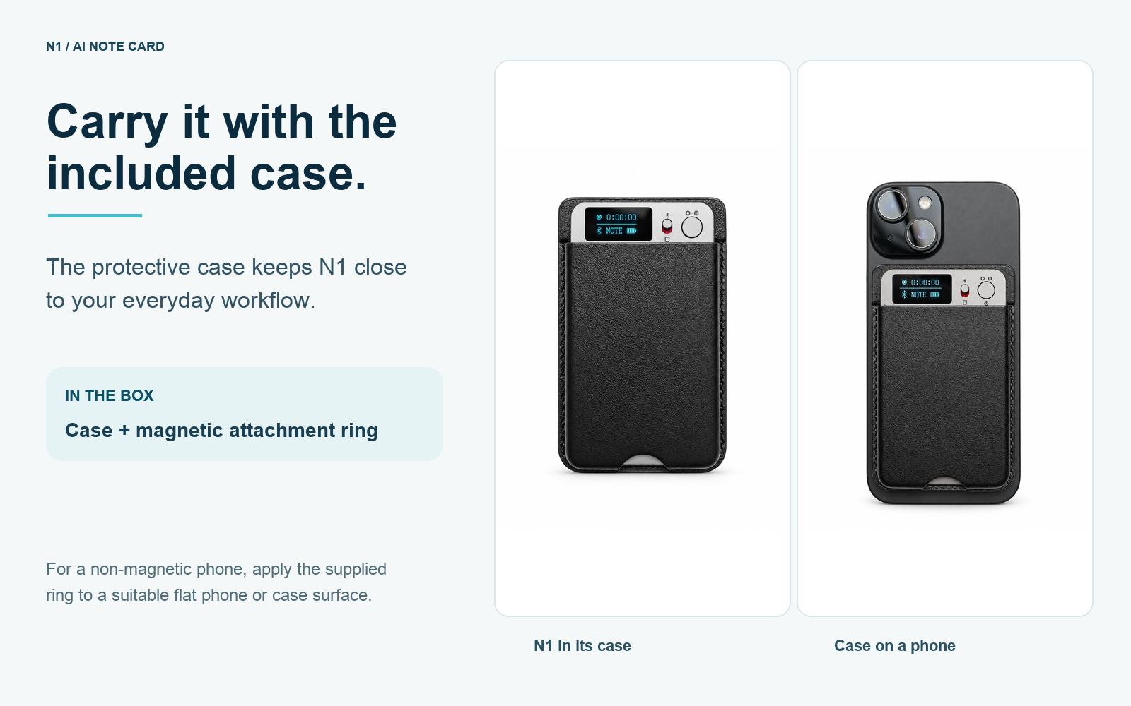 N1 AI Note Card shown with its included protective case and magnetic attachment option.