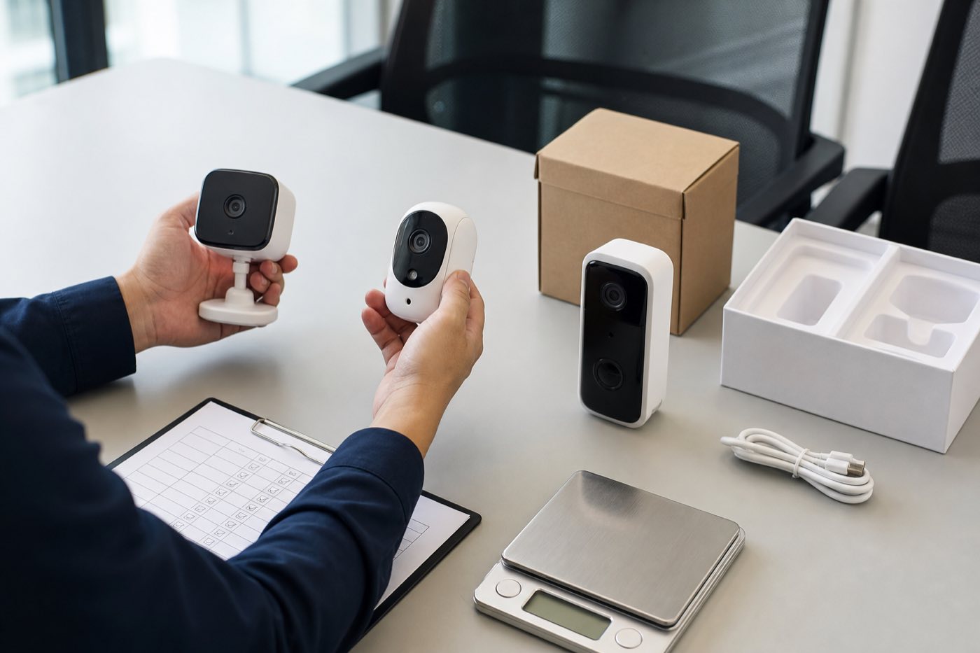 B2B buyer reviewing mini WiFi camera and long-standby battery camera samples before product selection