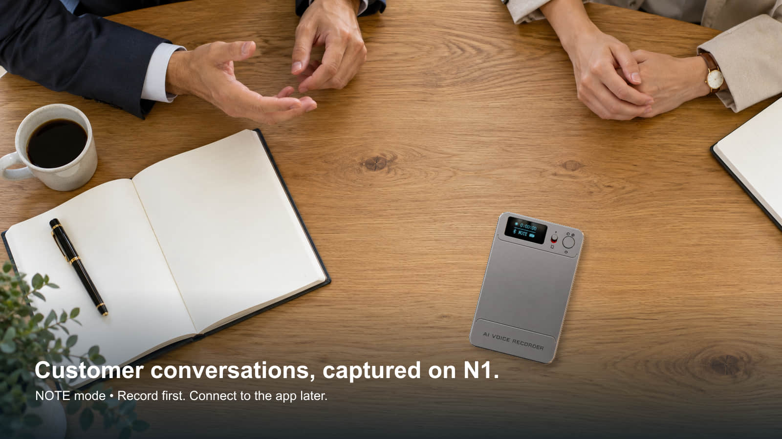 N1 AI Voice Recorder in an illustrative customer conversation showing the NOTE recording scenario