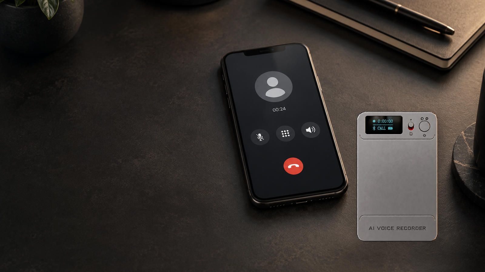 N1 AI Note Card in CALL mode beside a smartphone during a nearby call.