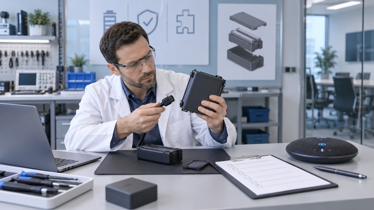 Engineer checking a generic battery enclosure and connector beside a visible meeting audio device