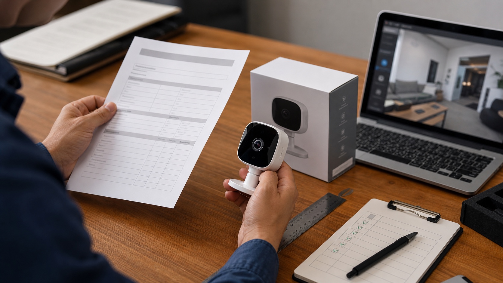 Buyer comparing a proforma invoice with a security camera sample before bulk purchase