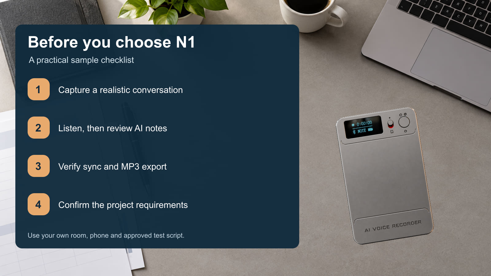 N1 recorder beside a four-step sample checklist for capture, review, export and purchasing fit.