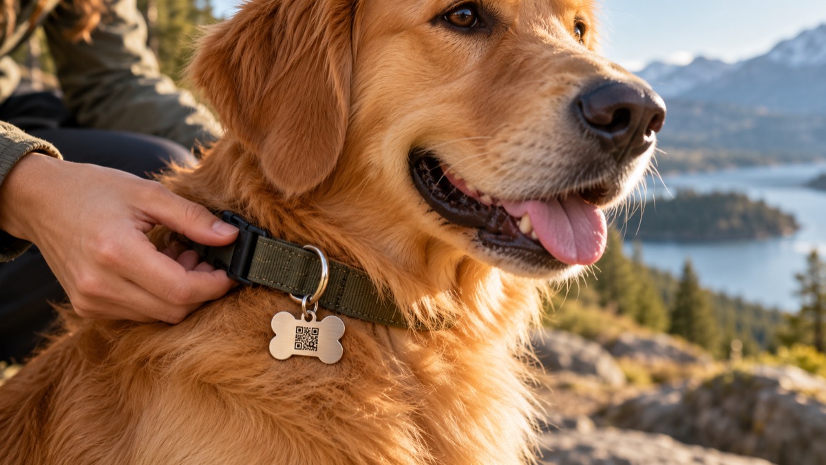 Pet collar QR contact tag shown in close-up with an illustrative centered code