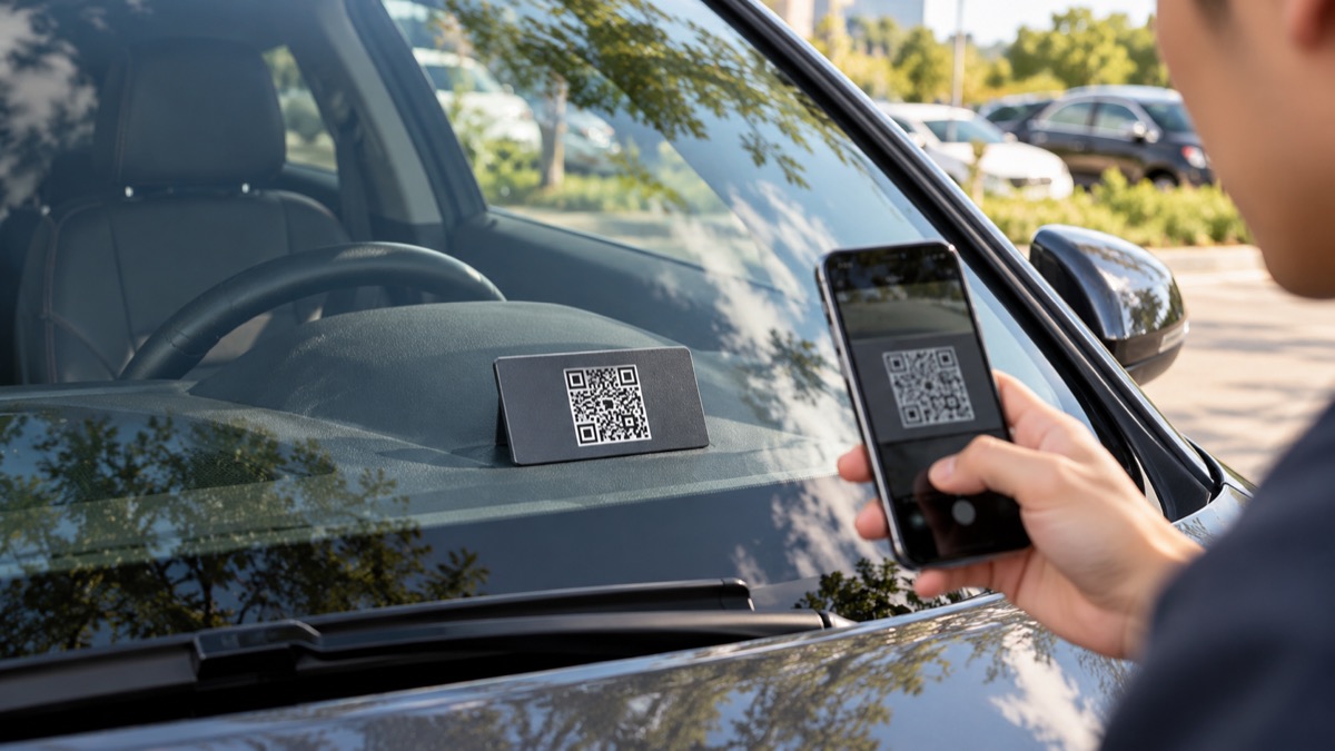 Parking contact card close-up with centered illustrative QR code