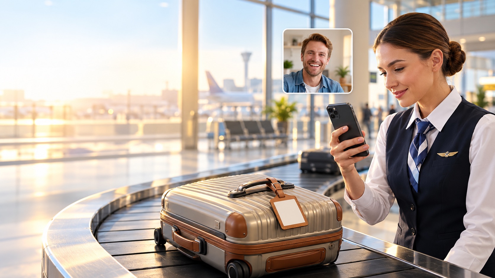 Airport luggage contact scene with finder scanning an owner tag