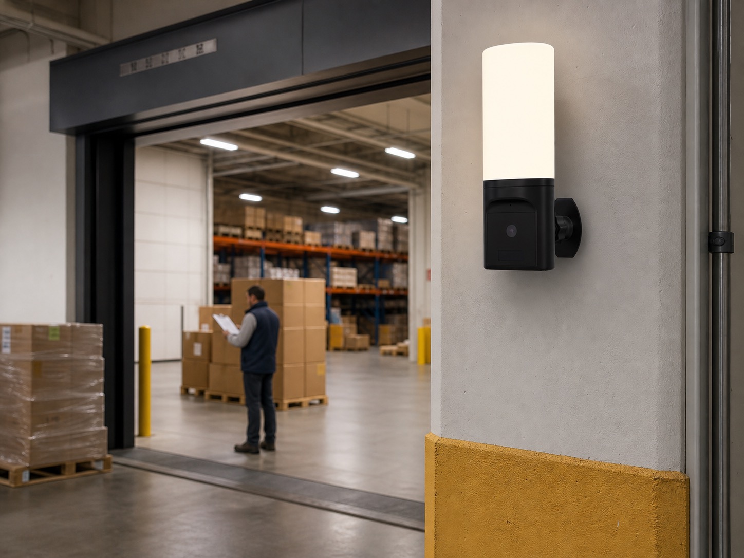 Tuya wall light camera protecting an indoor warehouse receiving entrance