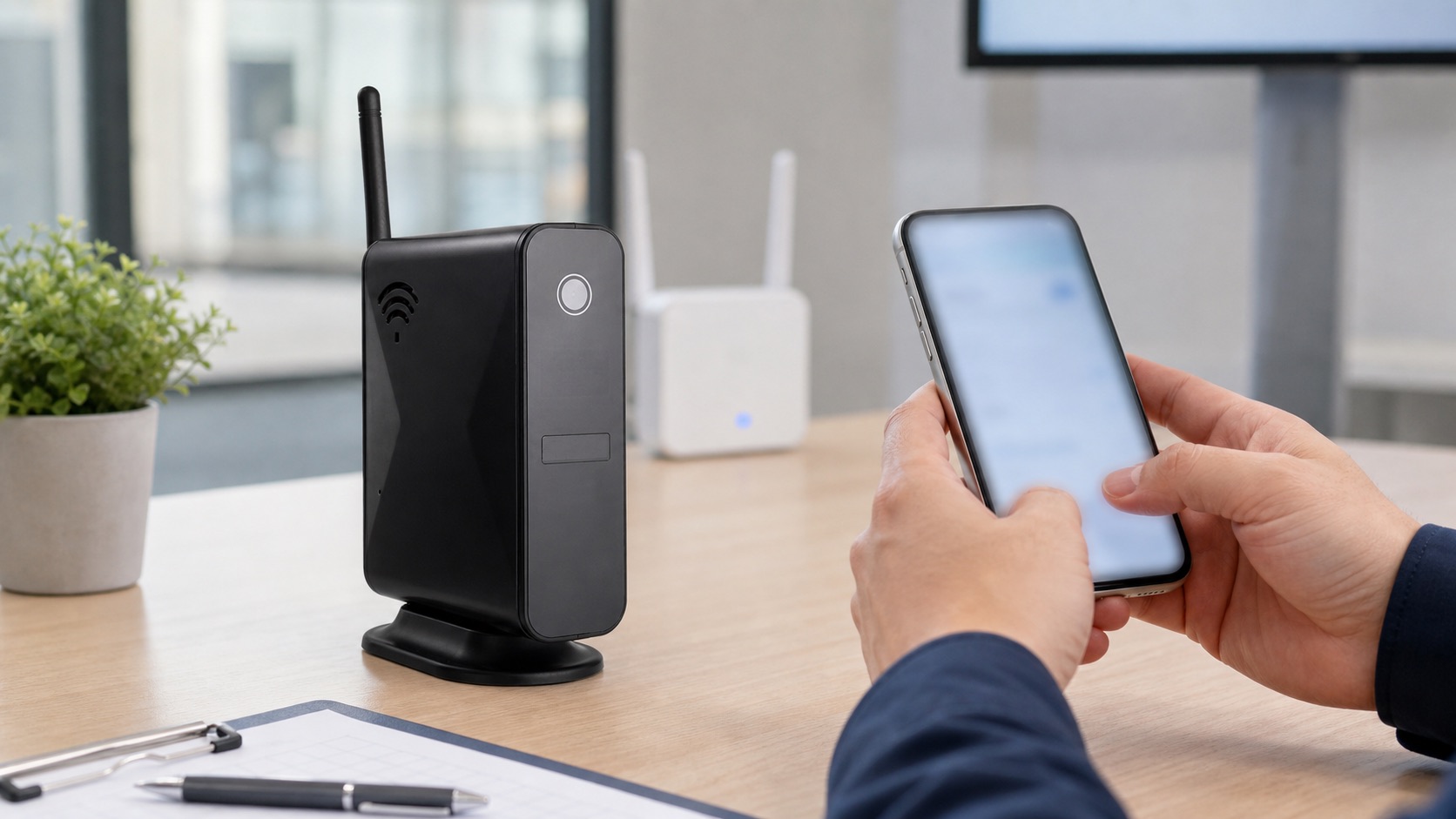 Technician pairing an LS009 battery WiFi camera on an authorized 2.4GHz office network