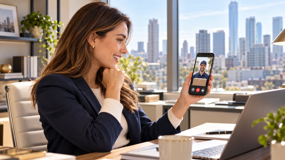 Illustrative owner answering a visitor video call on a phone while working away from the entrance