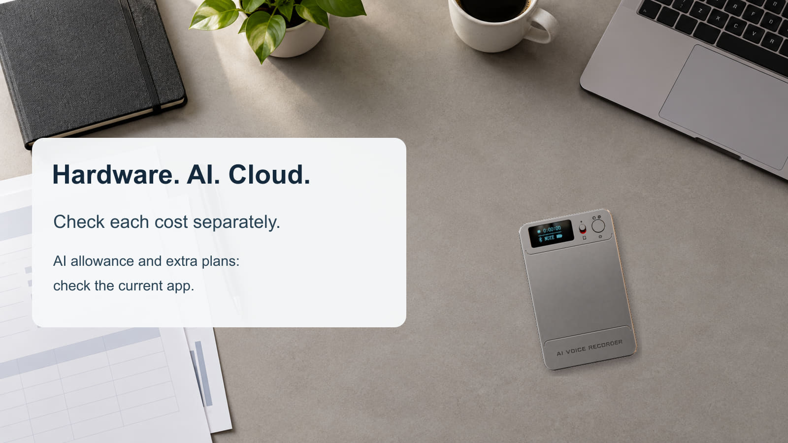 N1 AI Voice Recorder on an illustrative planning desk explaining separate hardware, AI and cloud service checks