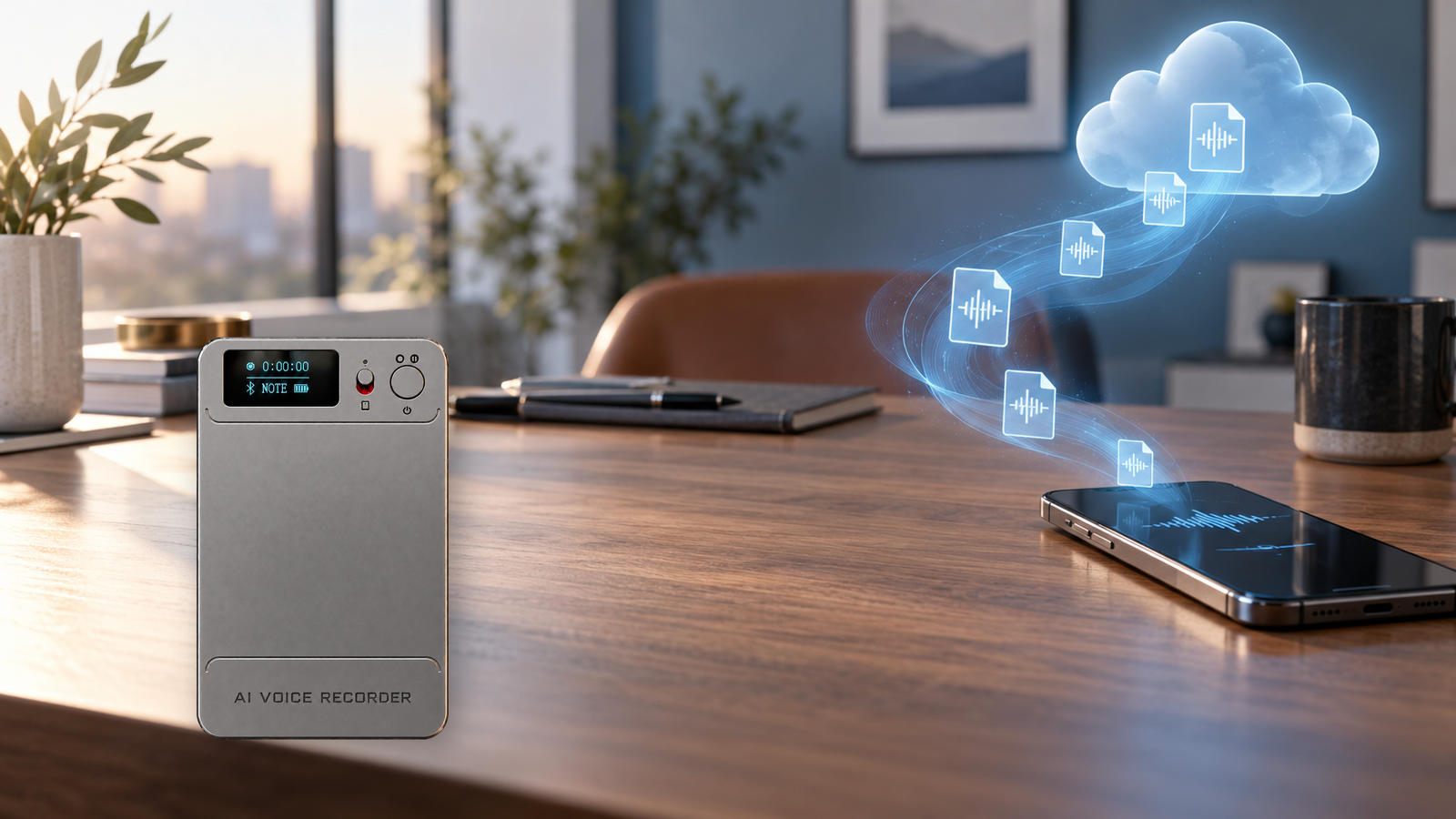 N1 AI Note Card with a conceptual device, app and cloud file flow.