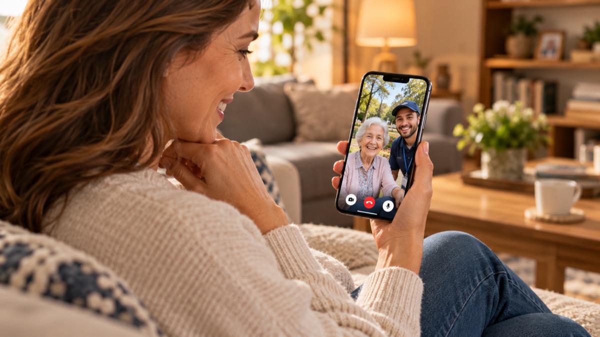 Remote family member answering a video call from a helper with an older relative in a garden