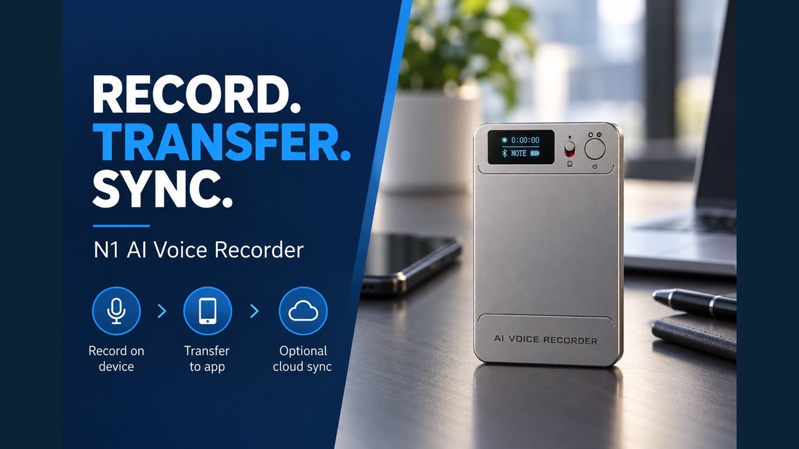 N1 AI Note Card in a conceptual record, transfer and optional cloud-sync workflow.
