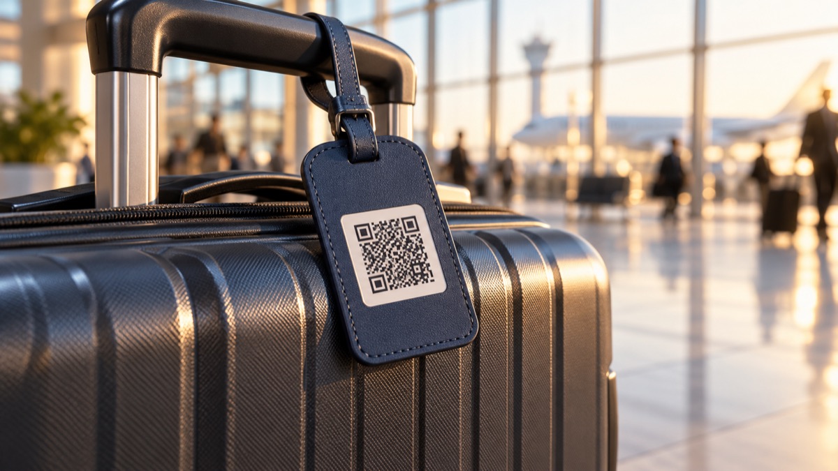 Luggage tag close-up with illustrative centered QR code