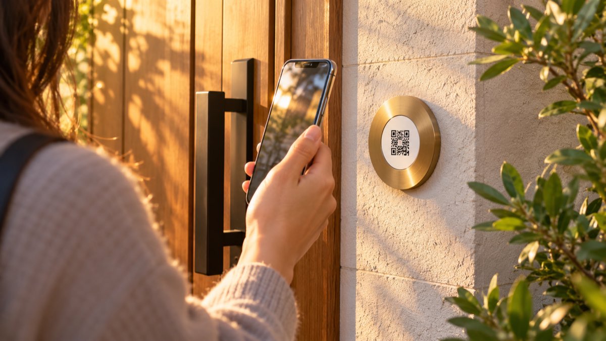 Close view of illustrative FP001-1 round QR plaque mounted beside a door for a visitor to scan