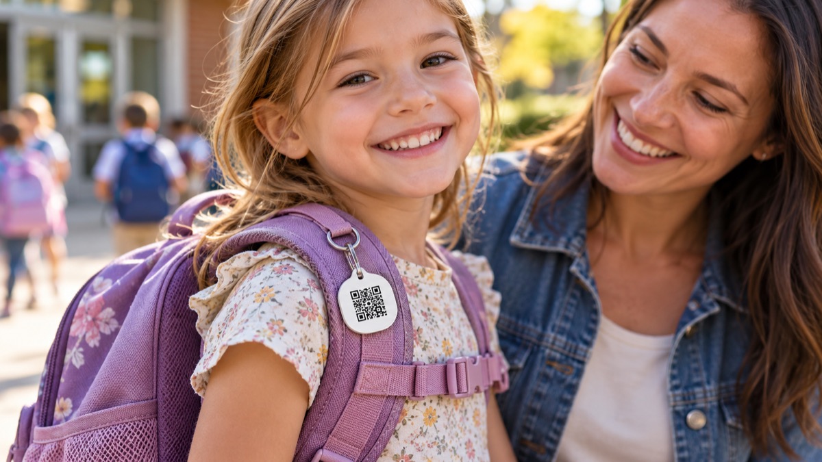 Backpack QR tag shown on a child's bag with centered illustrative code