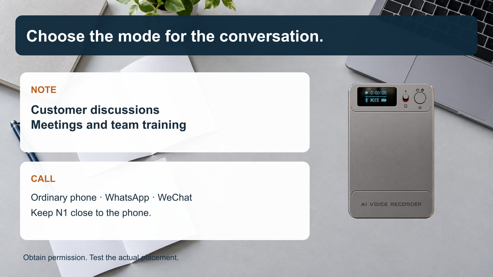 Real N1 recorder with a guide to NOTE customer discussions and CALL nearby phone conversations.