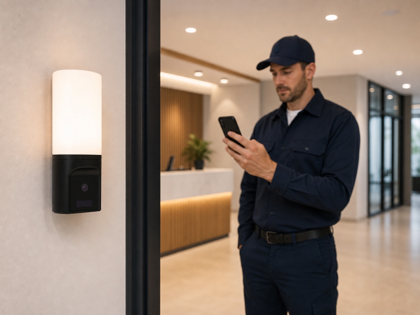 Installer commissioning a Tuya wall lamp WiFi camera inside an office reception area