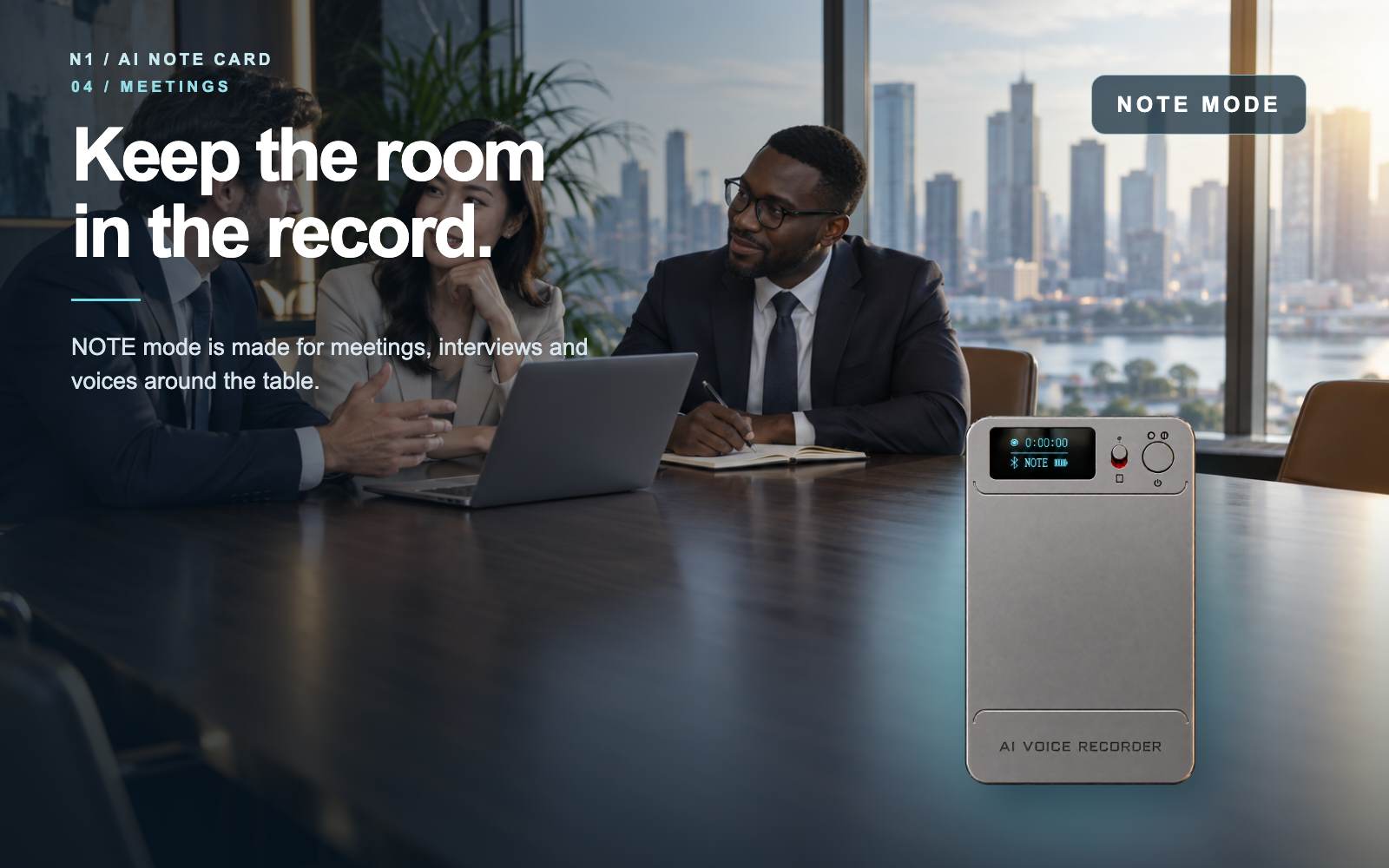 N1 AI Note Card recording a business meeting in NOTE mode.