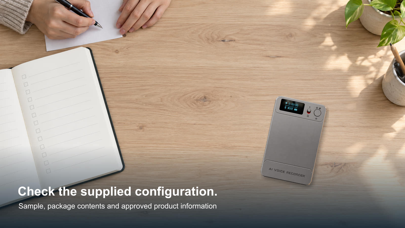 N1 AI Voice Recorder sample beside a checklist in an illustrative product-configuration review