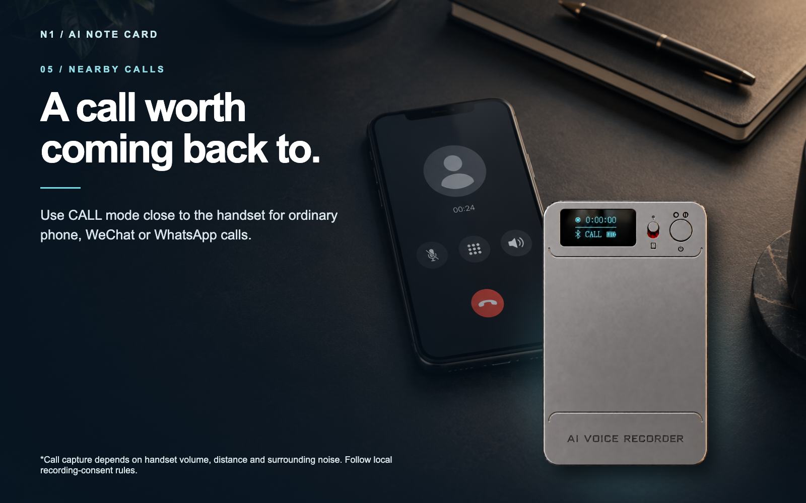 N1 AI Note Card positioned near a phone to illustrate close-range CALL mode recording.