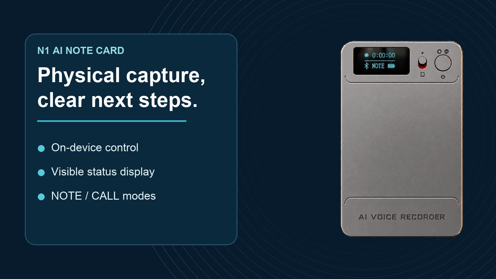 Front view of N1 AI Note Card showing physical controls, status display and AI VOICE RECORDER marking.
