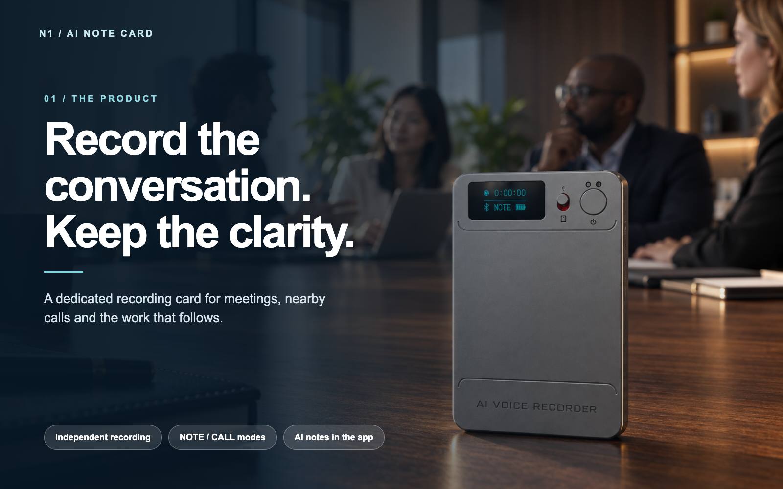 N1 AI Note Card voice recorder on a meeting table with its front display and controls visible.