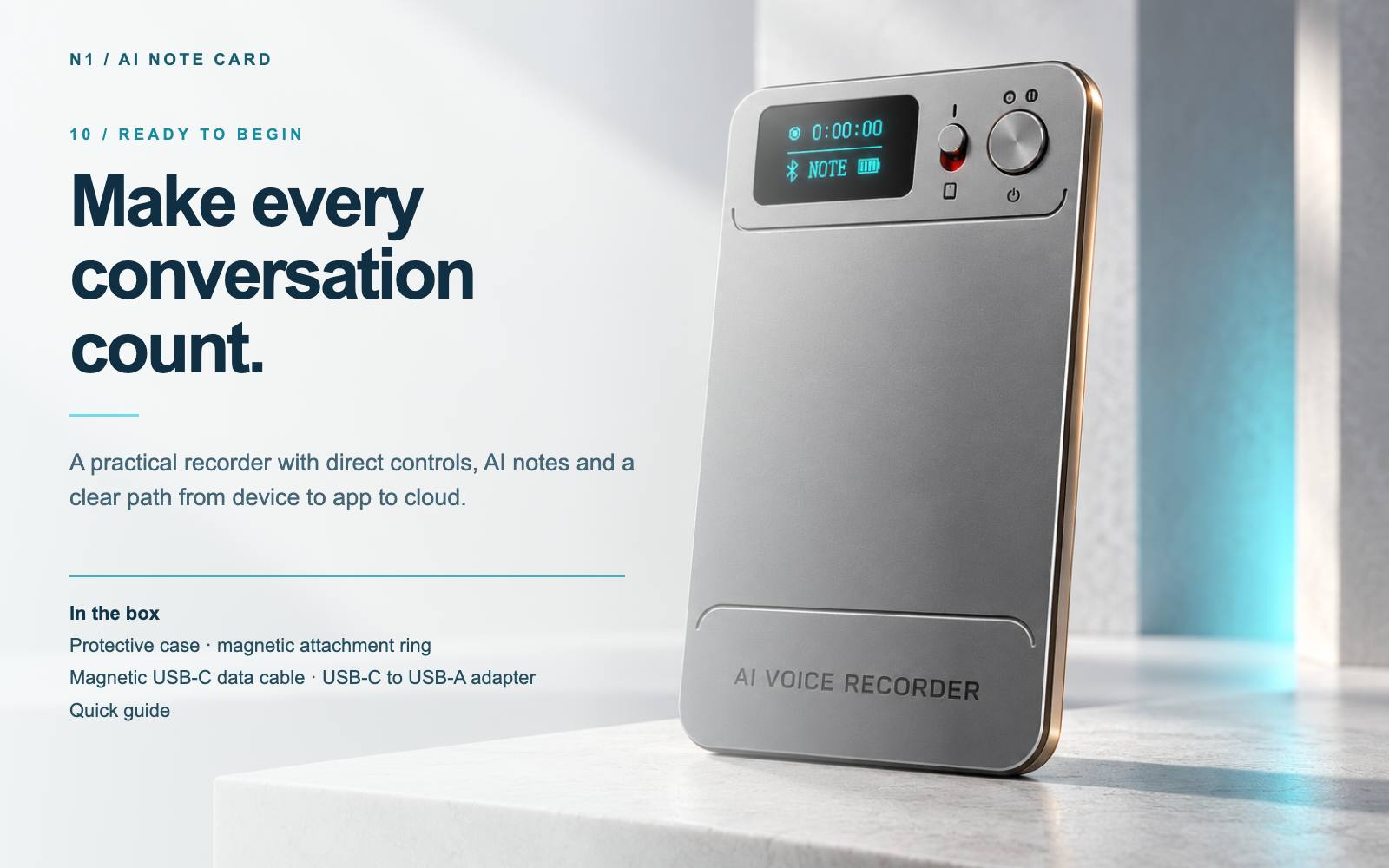 Front view of N1 AI Note Card showing the display, controls and AI VOICE RECORDER marking.