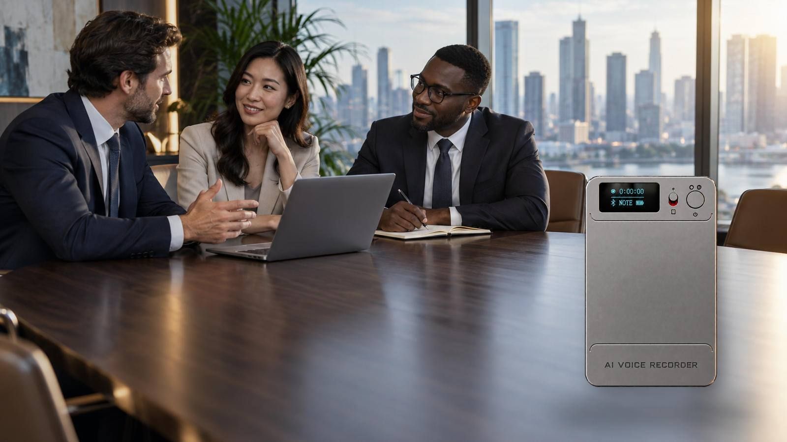 N1 AI Note Card at a meeting table during a realistic voice-capture evaluation.