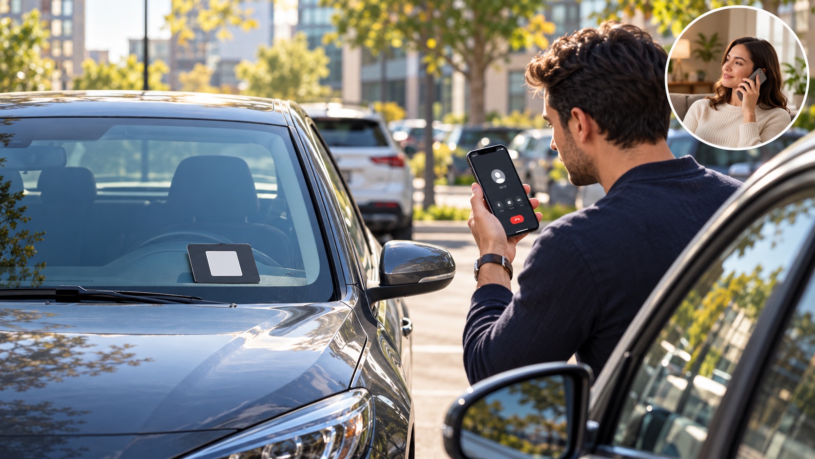 Driver scanning a parking contact code on a stationary vehicle