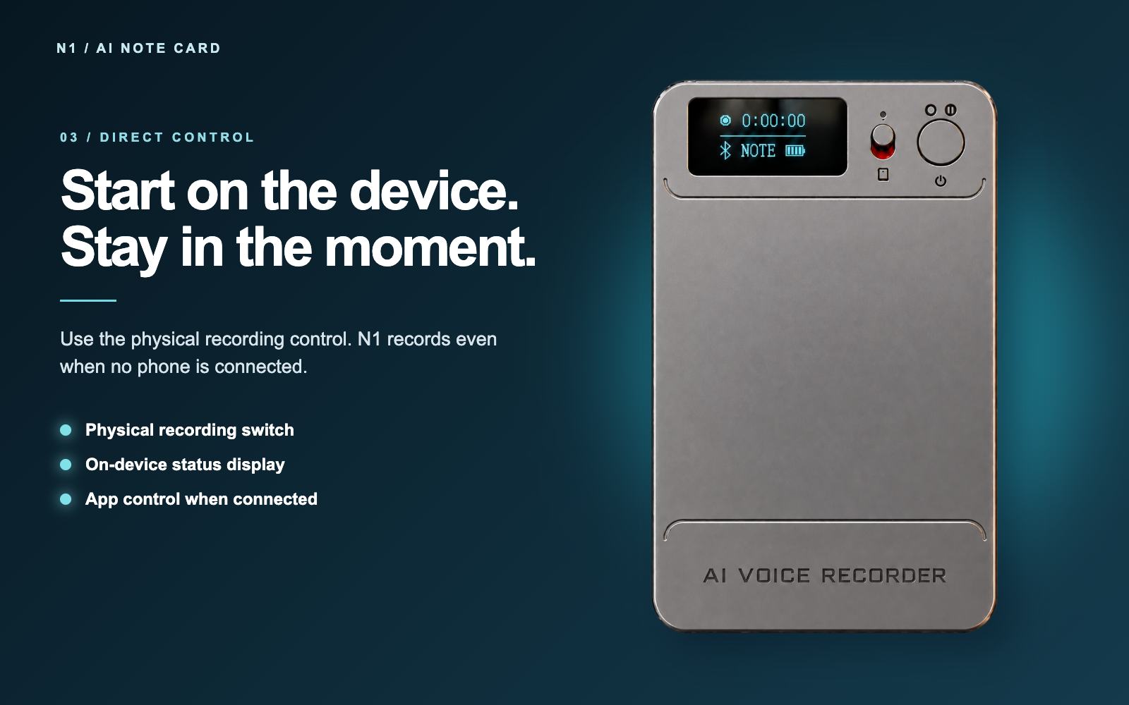 N1 AI voice recorder diagram showing the physical recording switch, Power button and status display.
