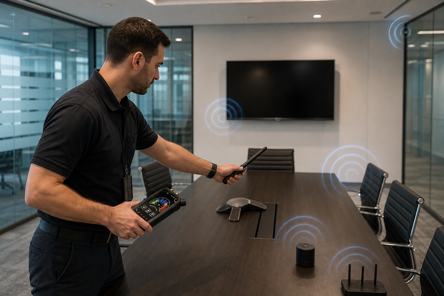 Authorized meeting-room RF signal screening with a portable DE012 hidden camera detector