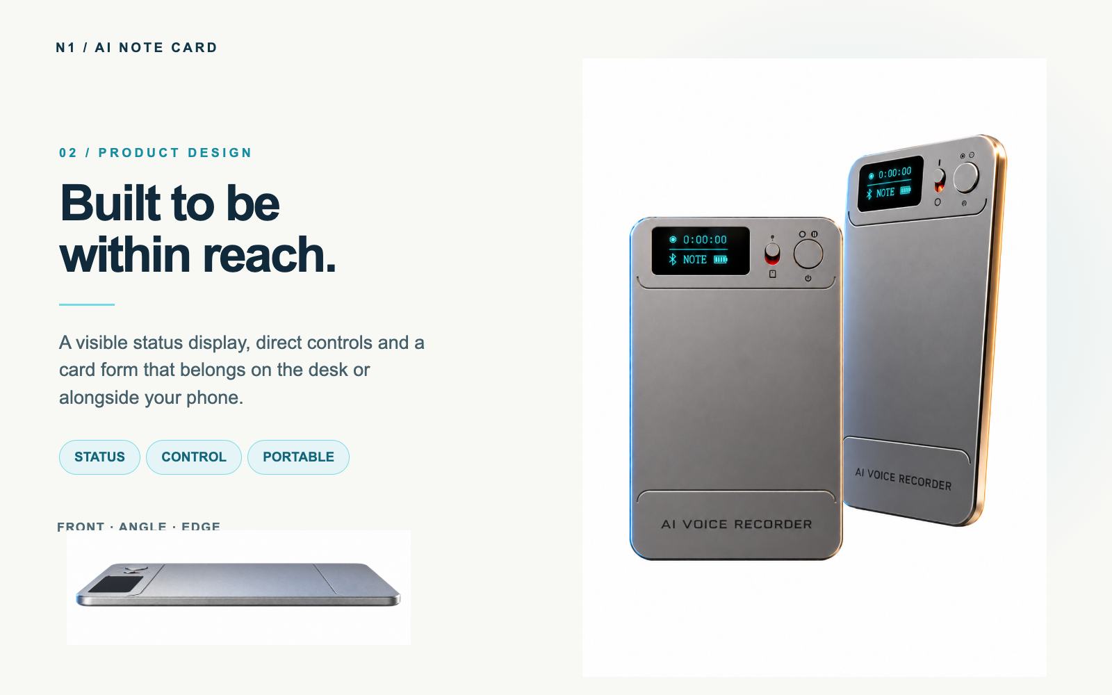 Front, angled and side views of the N1 AI Note Card showing its slim card design and AI VOICE RECORDER marking.