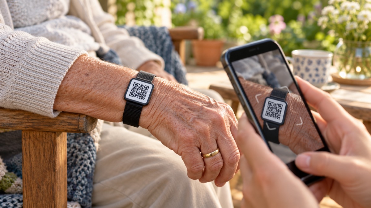 Close-up of a senior QR contact wristband with an illustrative centered code