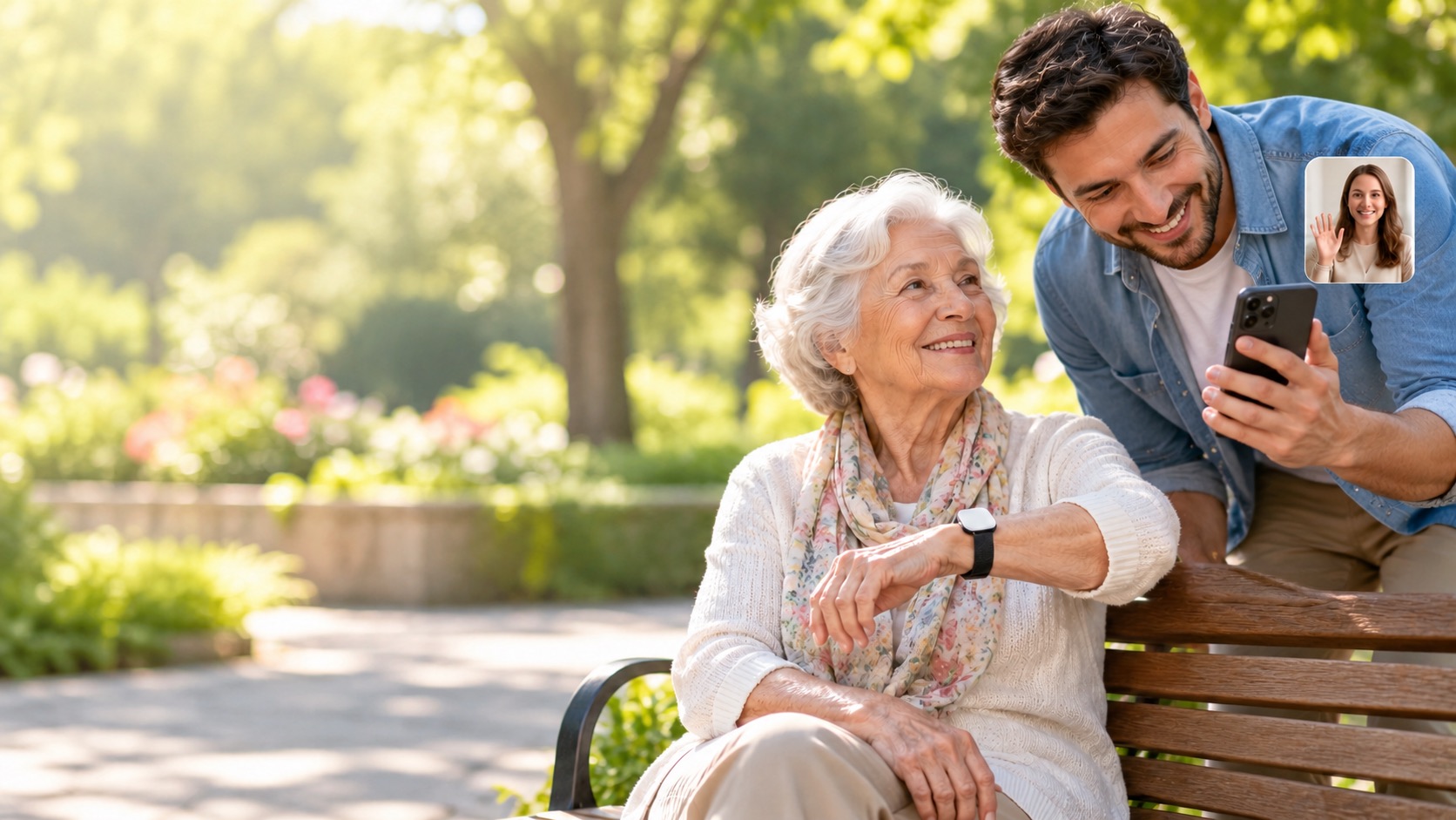 Helpful person using a phone to connect remotely with a family member after scanning a senior tag