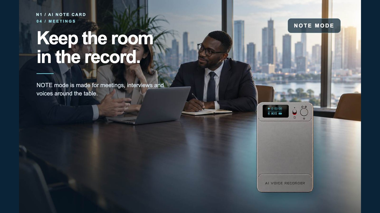 N1 AI Note Card in NOTE mode on a business meeting table.