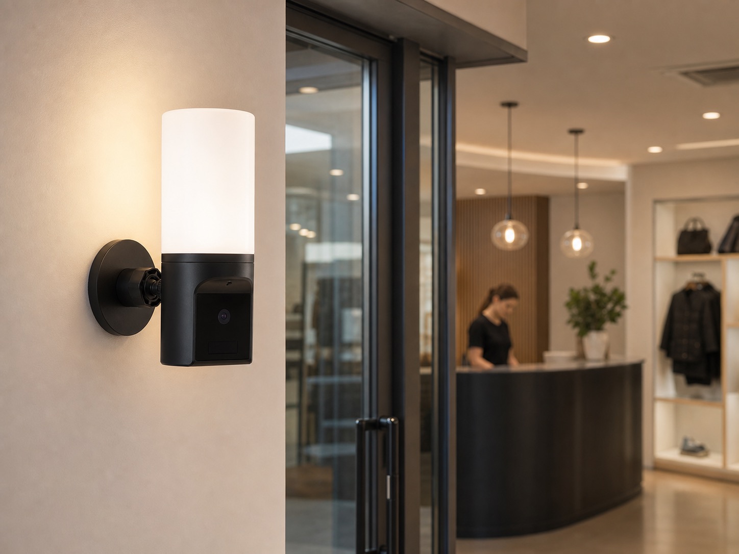 Tuya wall light camera installed at an indoor retail entrance for authorized smart security