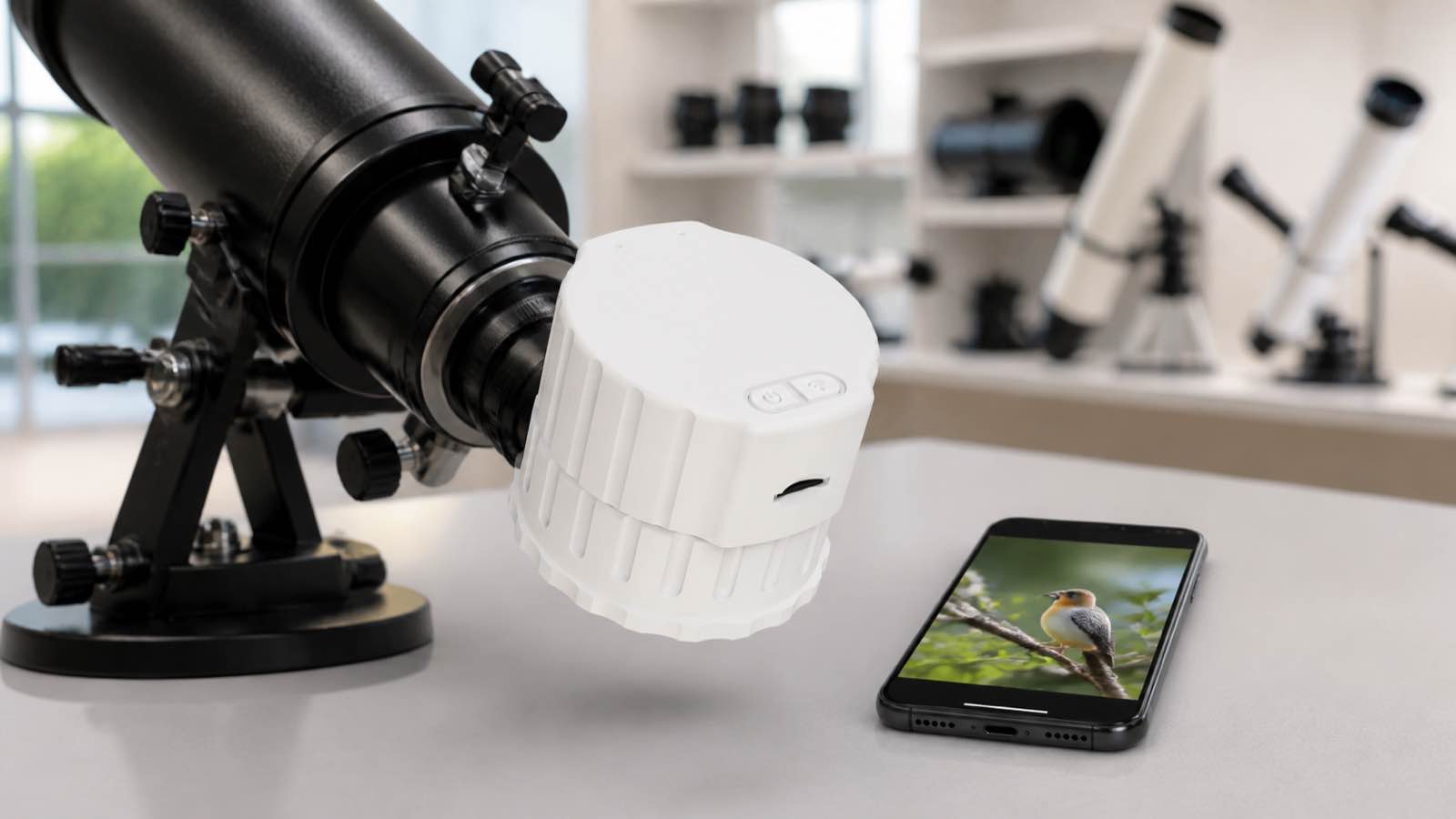 V12 WiFi eyepiece camera fitted to a telescope for B2B compatibility testing