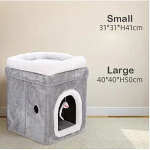 Winter Cat Condo Portable Indoor Foldable Plush Cat Warm House with Fluffy Ball Hanging