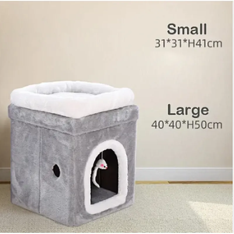 Winter Cat Condo Portable Indoor Foldable Plush Cat Warm House with Fluffy Ball Hanging