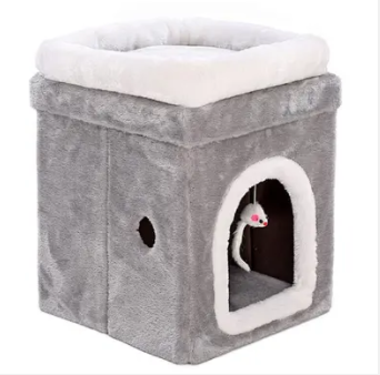 Winter Cat Condo Portable Indoor Foldable Plush Cat Warm House with Fluffy Ball Hanging