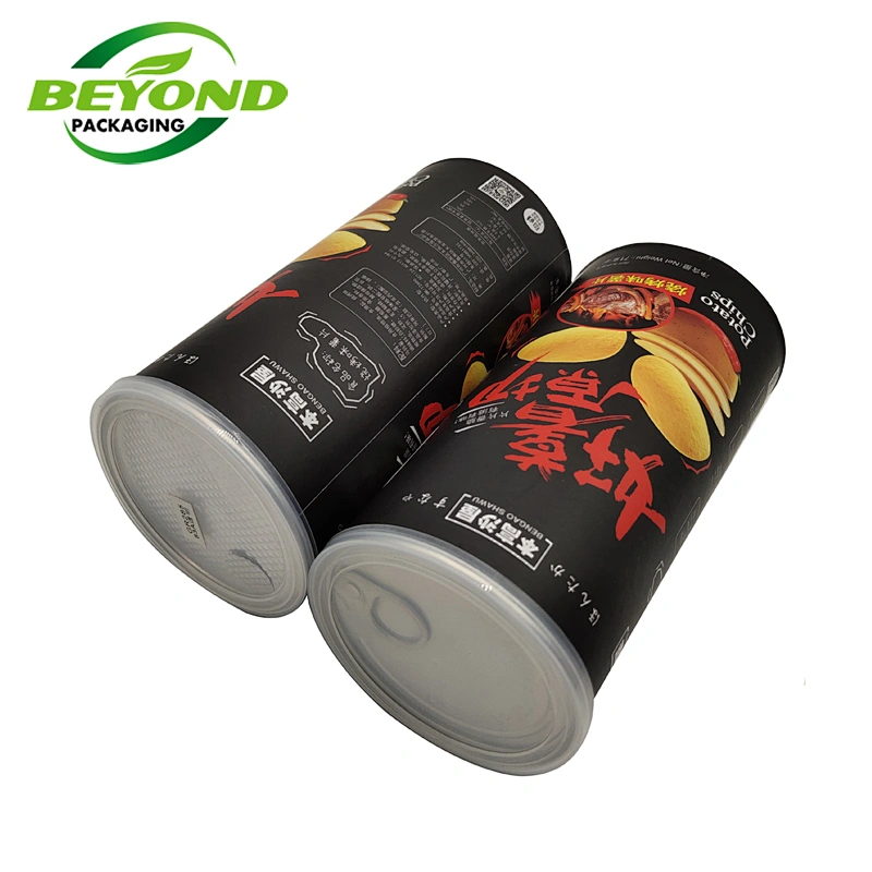 Customized easy peel off lid food grade potato chip packagi container packagingng paper tubes air tight plastic lid