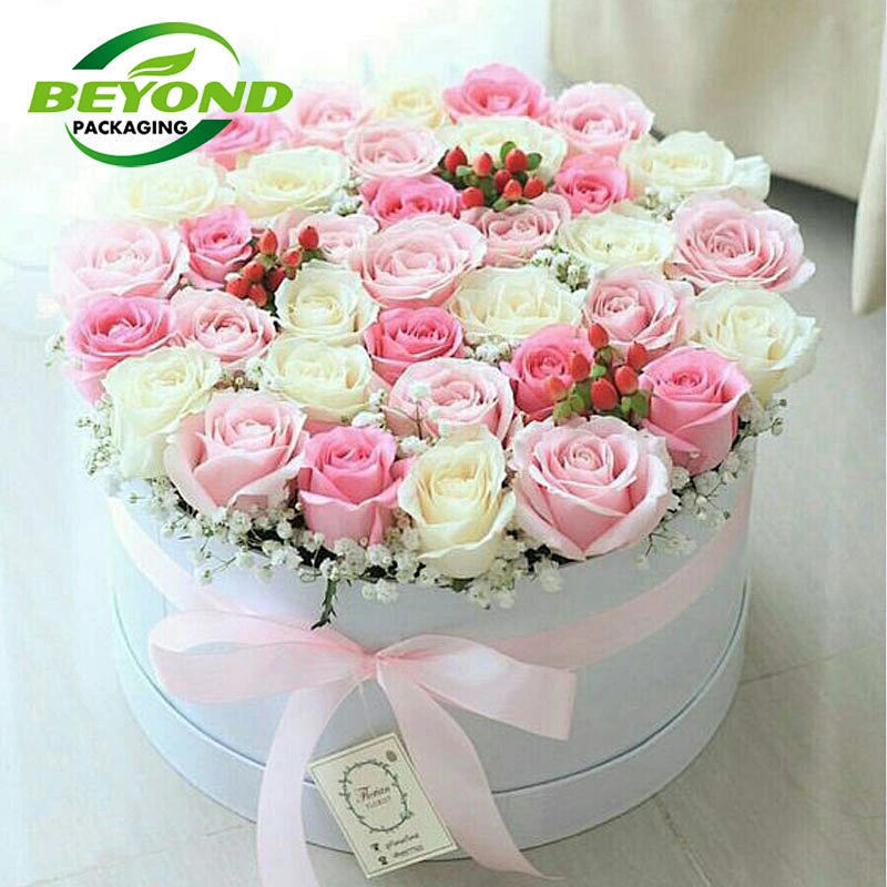 High quality round shape custom design paper recyclable cardboard flower bouquet packaging round rose box