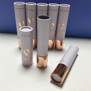 Recycled iridescent prining paper packaging cosmetic empty round lipgloss tube with logo rose gold stamping